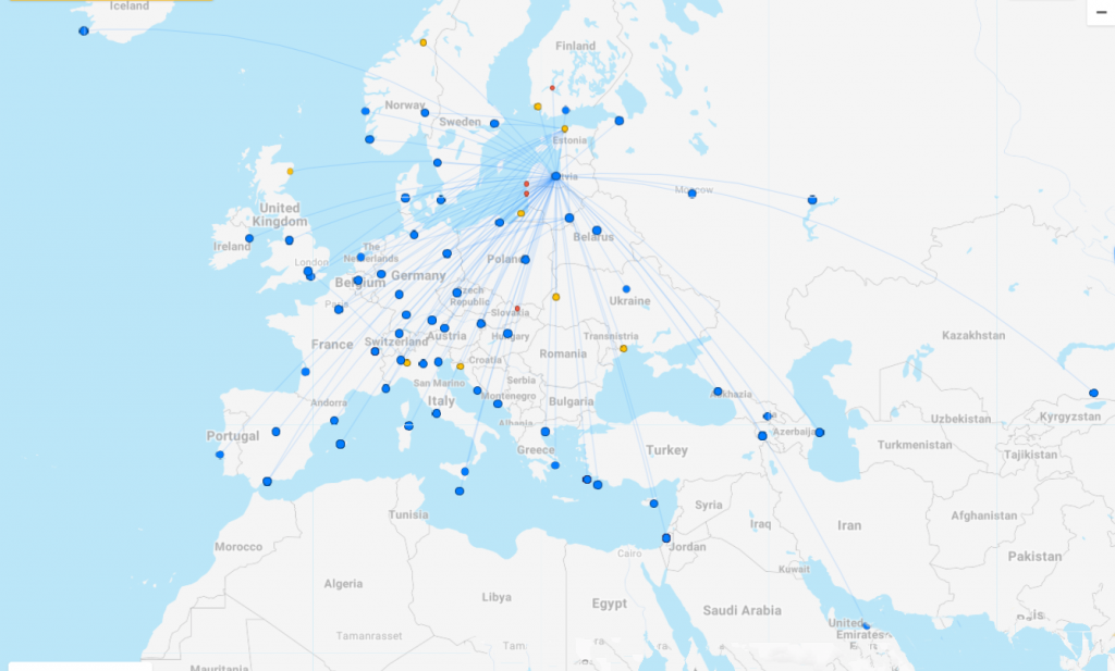 Map showing Air Baltic's 70 destinations